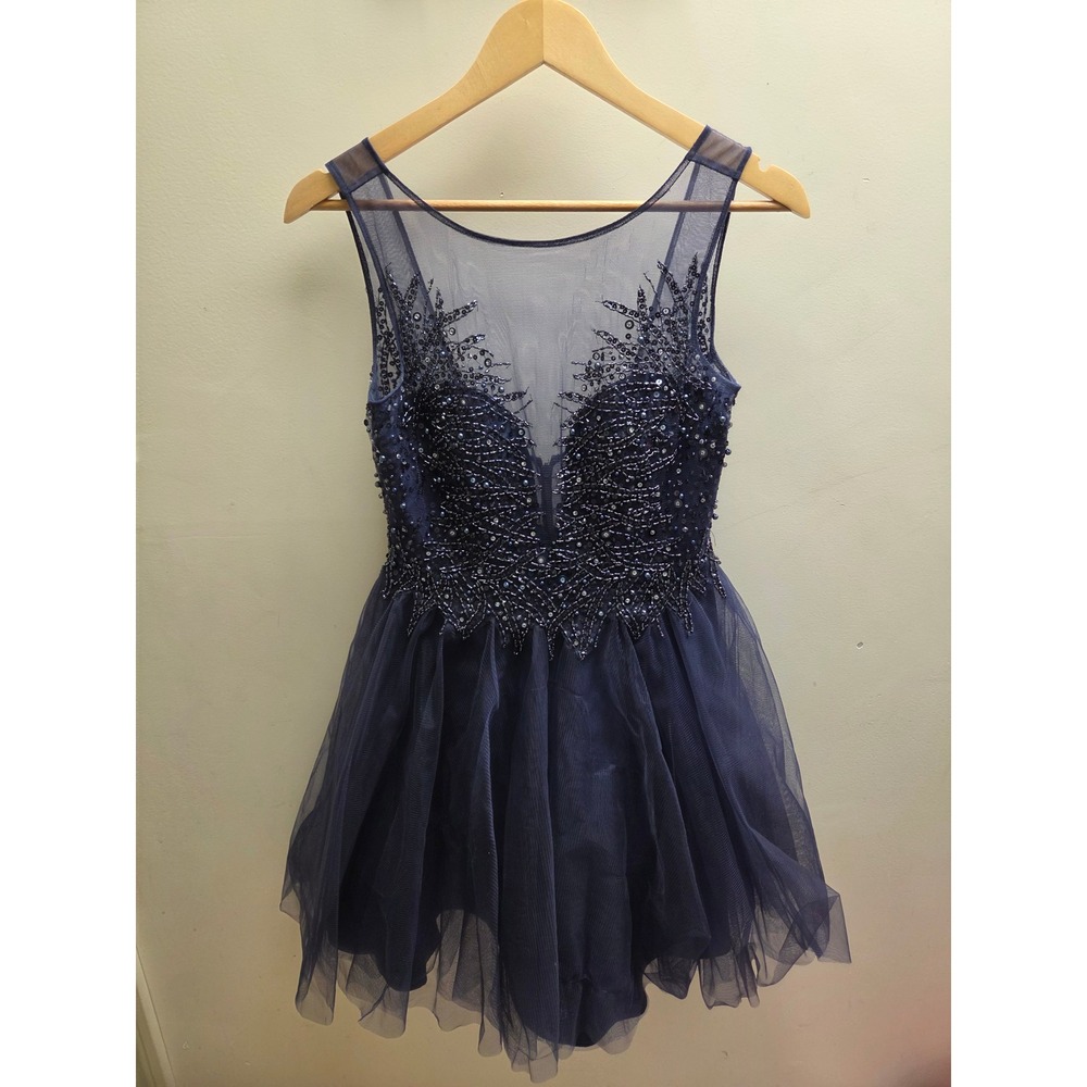 Basix Black Label Navy Blue Beaded Tulle Mini Dress Prom‎ Homecoming Size 2